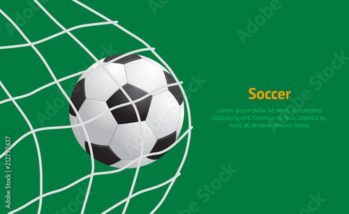 Realistic Detailed 3d Soccer Ball Hitting on Net Card. Vector © bigmouse108