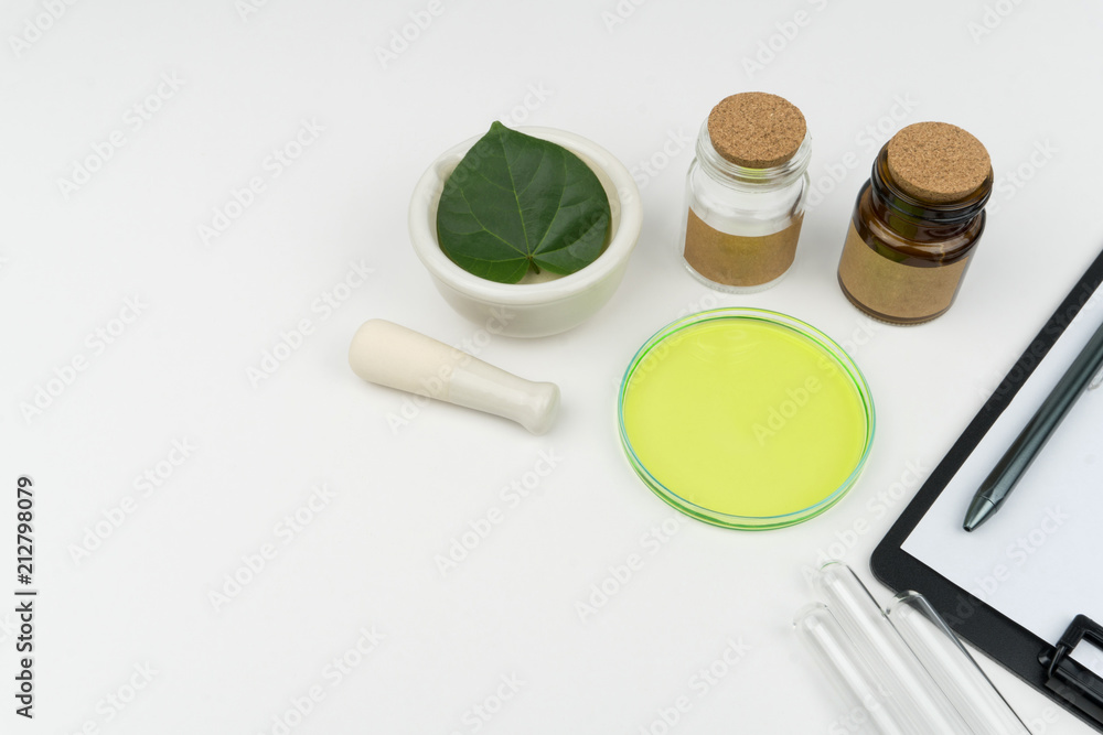 herbal medicine research concept. an organic green leaf in mortar, pestle, bottles, watch glass and three test tubes, a clipboard with pen on the white table herbal medicine research concept. an organic green leaf in mortar, pestle, bottles, watch glass and three test tubes, a clipboard with pen on the white table