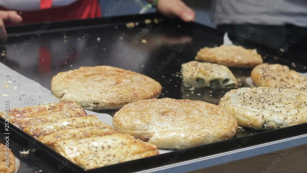 Vegan, vegeterian pies sell on street market, Tasty, delicious bakery, tareaway Vegan, vegeterian pies sell on street market, Tasty, delicious bakery, tareaway