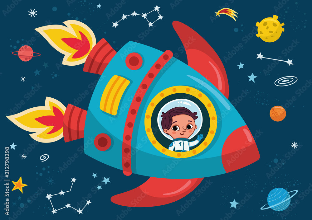 Boy in a rocket journey to space. Vector illustration. Stock Vector ...