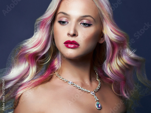 beautiful woman with Colorful hair and Jewelry