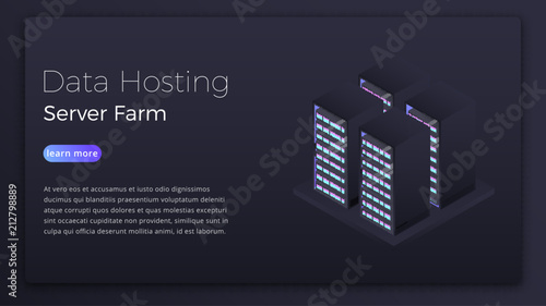 Data hosting. Datacenter server farm isometric concept. Modern data hosting hero image design