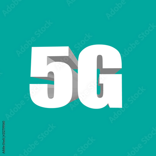 5g flat isometric vector concept. People with mobile devices are sitting and standing on and around the big letters 5G.