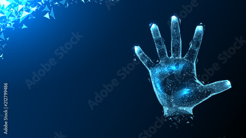 A polygonal hologram of a hand made of lines and dots on a blue horizontal background. Illuminated corner. Free space for text. Scanning fingers. Personal identification. Vector illustration