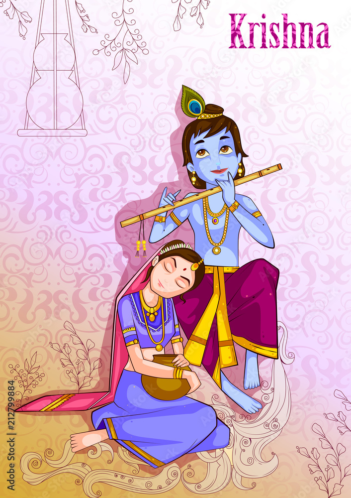 Kanha playing bansuri flute with Radha on Krishna Janmashtami background  Stock Vector | Adobe Stock