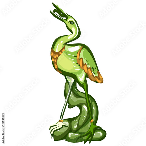 Heron figurine made of jade isolated on white background. Statuette of nephrite in the Oriental style. Vector illustration.