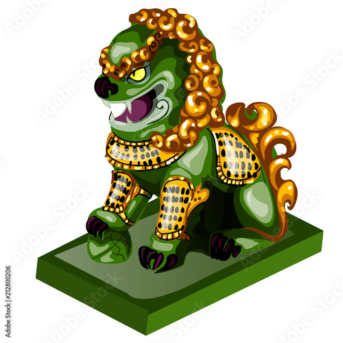 Lion figurine made of jade isolated on white background. Statuette of nephrite in the Oriental style. Vector illustration.