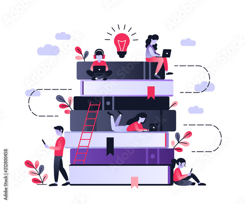 People and book. Concept business flat character design. Ultraviolet vector illustration about distance learning, online courses, education, online books, exam preparation, e-learning.