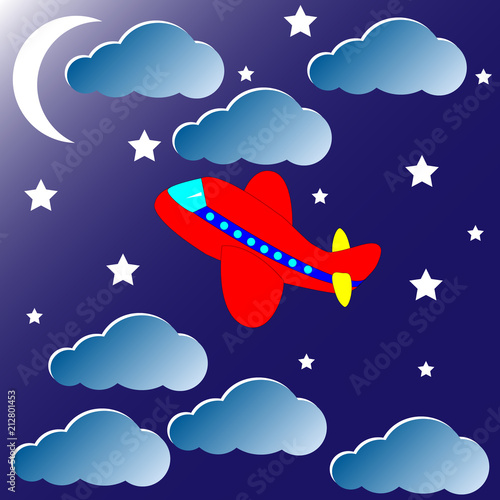 Red airplane at night, vector