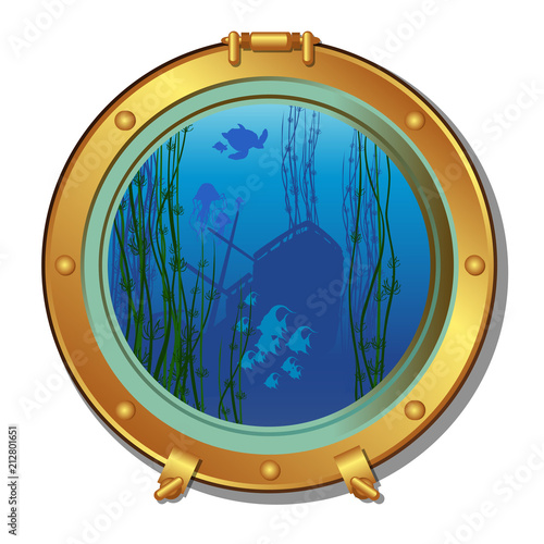 Round porthole of a submarine with views of the sunken ship and marine life isolated on white background. Vector cartoon close-up illustration.