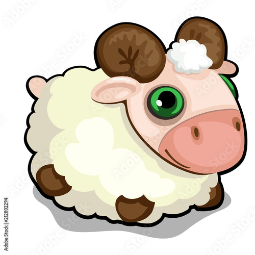 Toy sheep with green eyes isolated on white background. Vector cartoon close-up illustration.