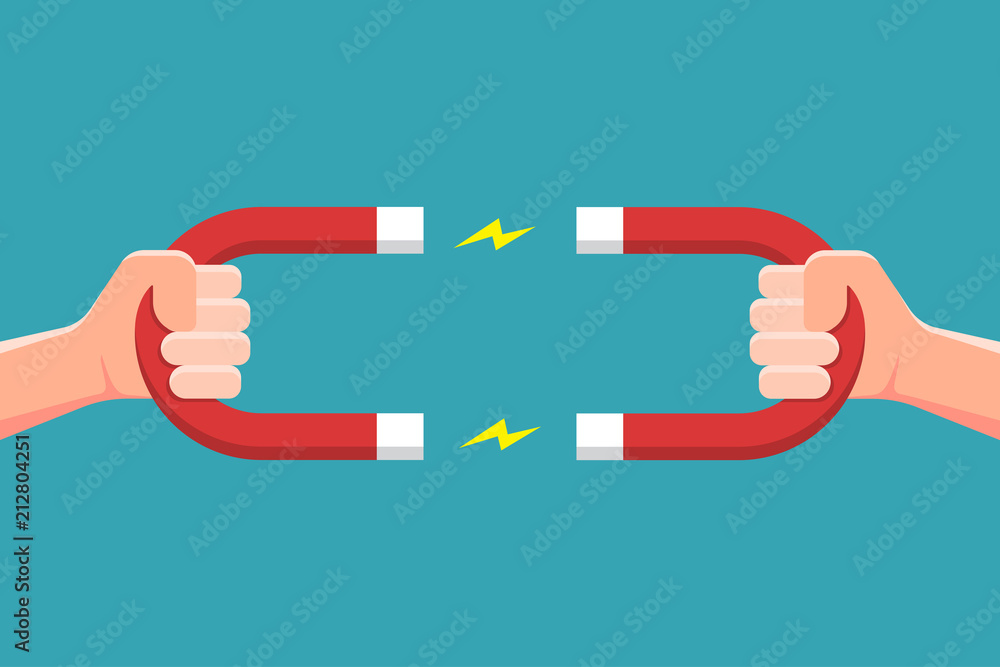 Hand holding magnet with electricity spark. Vector illustration Hand holding magnet with electricity spark. Vector illustration