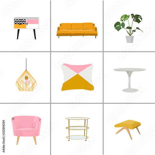 vector interior design illustration. collection set of elements. designer trendy furniture. table chair sofa lamp mirror plant chest table armchair. modern and retro. contemporary danish. mid century