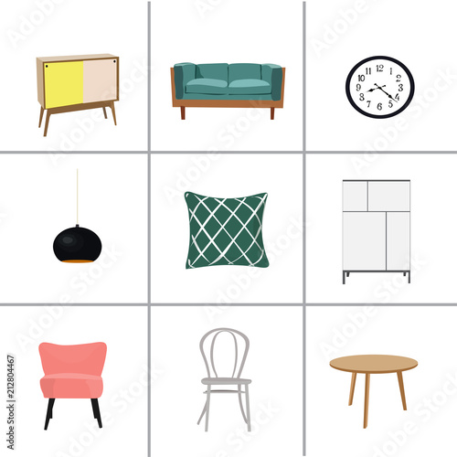 vector interior design illustration. collection set of elements. designer trendy furniture. table chair sofa lamp mirror plant chest table armchair. modern and retro. contemporary danish. mid century