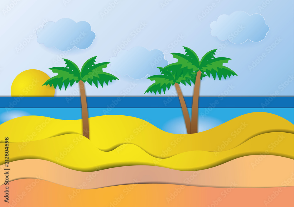 sea view in summer with water play equipment placed on the beach. view of the blue sea. summer time. sea with beach. paper cut and craft style. vector, illustration. sea view in summer with water play equipment placed on the beach. view of the blue sea. summer time. sea with beach. paper cut and craft style. vector, illustration.