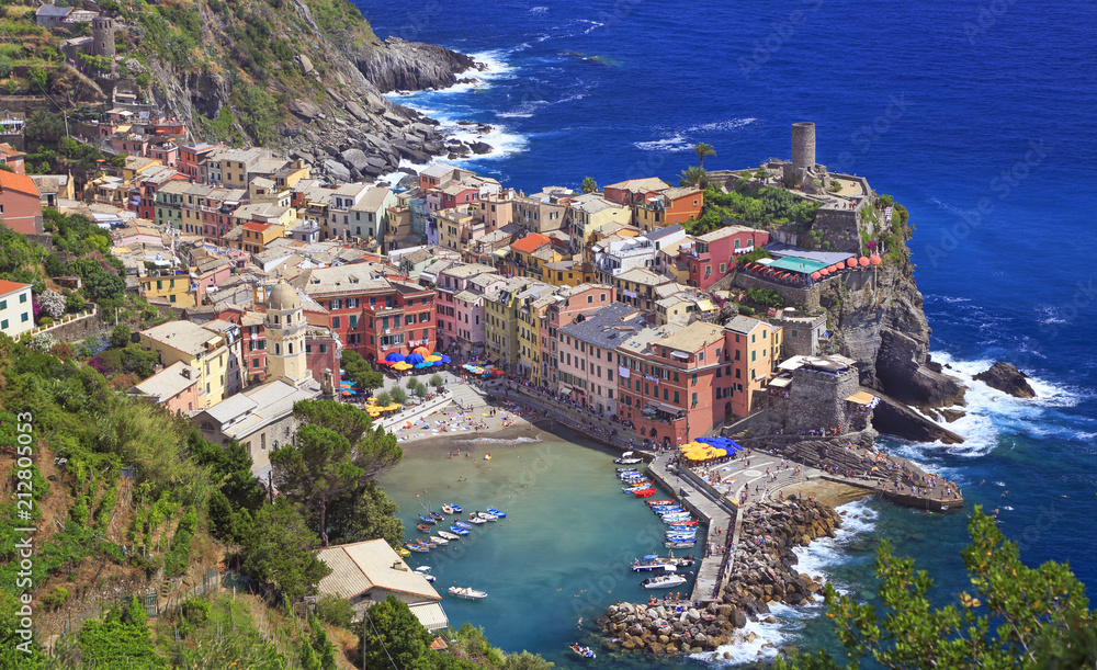 Aerial view of Vernazza vilagge on Mediterranean coast, Cinque Terre, Italy