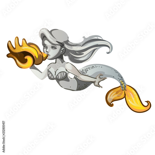 Marble sculpture of a mermaid with Golden flipper and seashell isolated on white background. Vector cartoon close-up illustration.