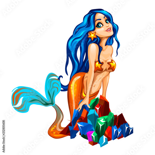 Sexy young mermaid with blue hair sitting on a bunch of multicolored gems isolated on white background. Vector illustration.
