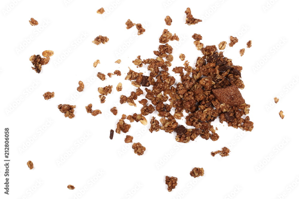 Crunchy granola, muesli pile with chocolate isolated on white background, top view Crunchy granola, muesli pile with chocolate isolated on white background, top view