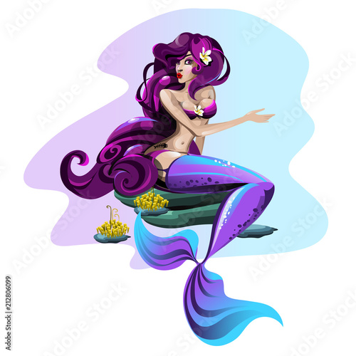 Sexy animated mermaid with purple hair sitting on a stone isolated on white background. Beautiful mythical women. Vector illustration.