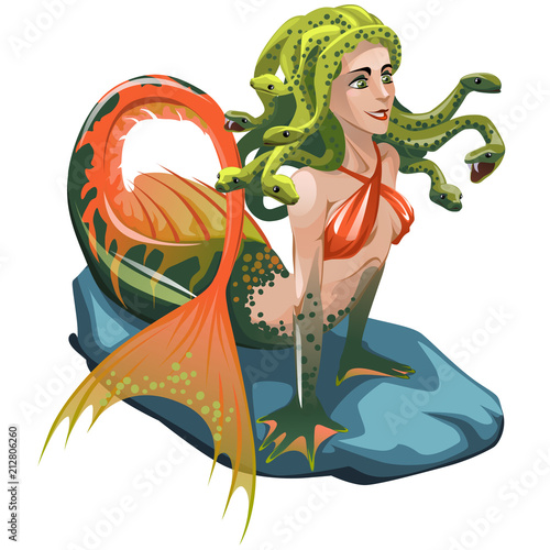Mermaid with hair of snakes isolated on a white background. Vector cartoon close-up illustration.