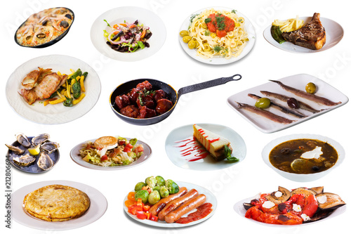 Set of many plates with tasty food over white background