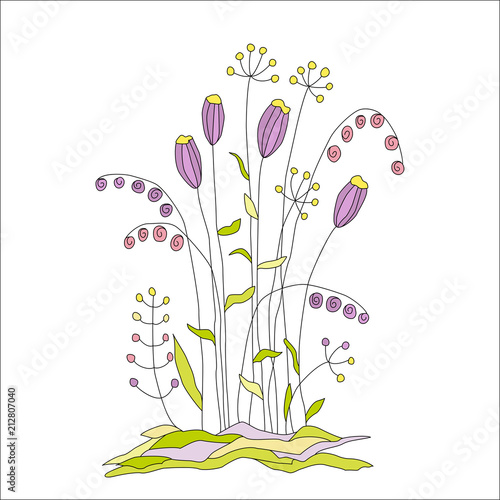 Floral composition with flowers and leaves, greeting card 