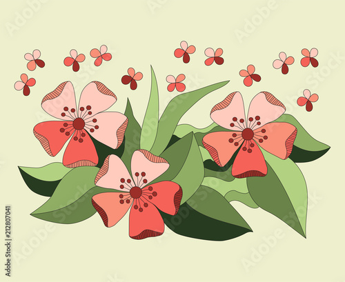 Floral composition with flowers and leaves, greeting card 
