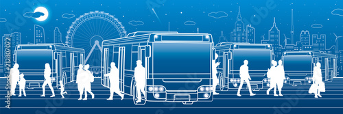 Transportation panoramic set. Passengers enter and exit to the bus. People at the station. Town transport infrastructure. Night city at background, vector design art