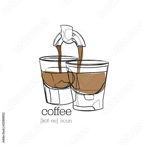 vector coffee illustration quote logo. hand drawn sketch of coffee cups mug. coffee machine cafe menu wall print art. icon but first coffee.