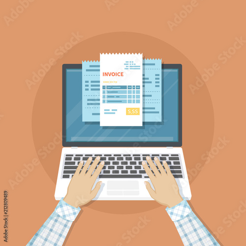 Online payment service. Invoice form on the laptop screen. Human hands on the keyboard. Internet banking concept. Online paying, bookkeeping, accounting. Vector illustration isolated.