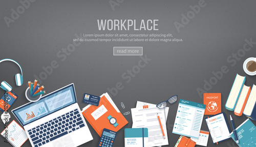 Workplace Desktop background. Top view of black table, laptop, folder, documents, notepad, books, purse, calendar, headphones, calculator, pencils, crumpled paper. Place for text. Vector Top view