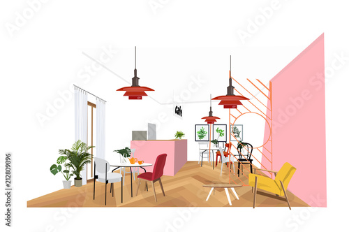 cafe restaurant interior design illustration. commercial design. furniture decor decoration modern contemporary style. designer project. chairs tables bar counter customer. 