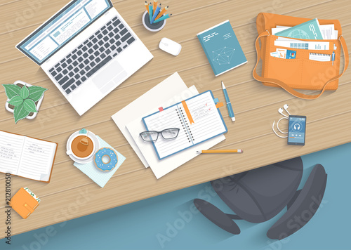 Top view of modern and stylish workplace. Wooden table, armchair, office supplies, laptop, books, notebook, headphones, phone, bag, glasses, pen, paper, tea, donut. Vector illustration