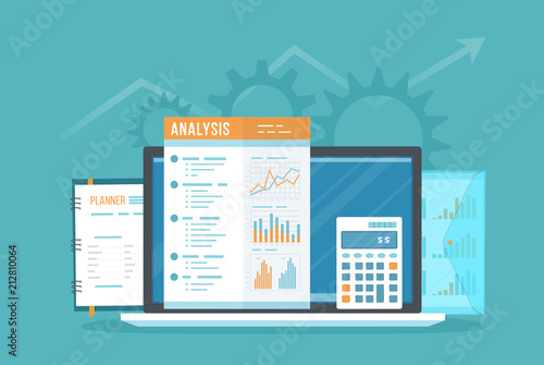 Data analysis concept. Online audit, SEO analytics, statistics, strategic, report, management. Charts, graphics on document, report, folder, notebook, calculator, laptop. Vector top view