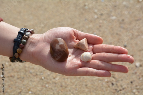 Hand with stones and shell