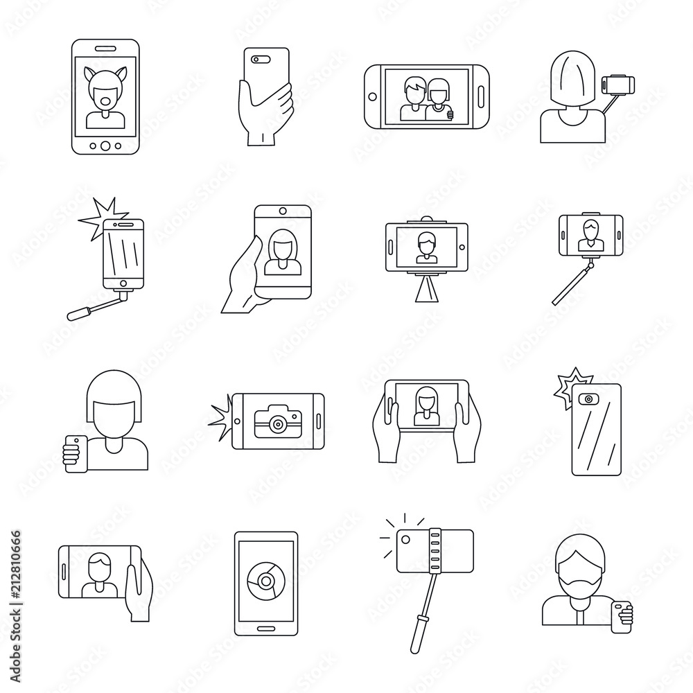 Selfie video photo people posing icons set. Outline illustration of 16 selfie video photo people posing vector icons for web Selfie video photo people posing icons set. Outline illustration of 16 selfie video photo people posing vector icons for web
