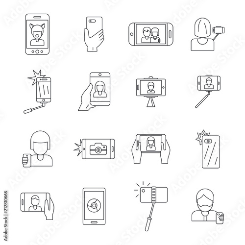 Selfie video photo people posing icons set. Outline illustration of 16 selfie video photo people posing vector icons for web