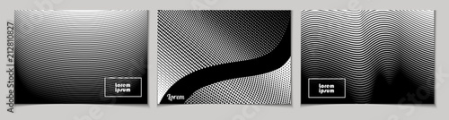 Set of horizontal abstract backgrounds with halftone pattern in black and white colors. Design template of flyer, banner, cover, poster. Vector illustration