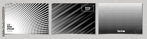 Set of horizontal abstract backgrounds with halftone pattern in black and white colors. Design template of flyer, banner, cover, poster. Vector illustration