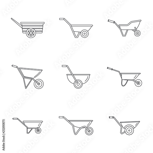 Wheelbarrow garden plant yard icons set. Outline illustration of 9 wheelbarrow garden plant yard vector icons for web
