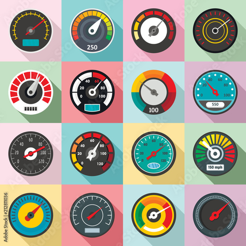 Speedometer level indicator icons set. Flat illustration of 16 speedometer level indicator vector icons for web