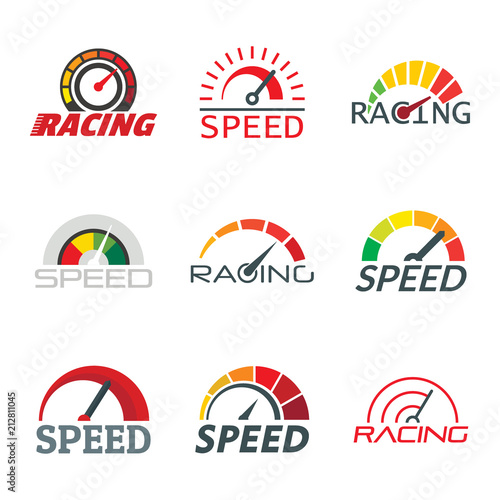 Speedometer level indicator logo set. Flat illustration of 9 speedometer level indicator vector logotypes for web