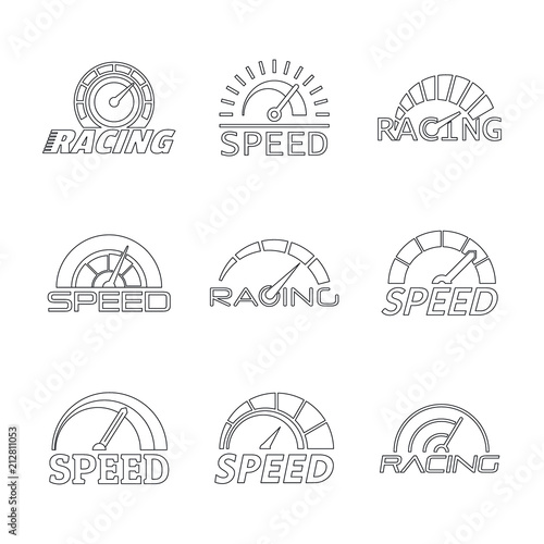 Speedometer level indicator logo set. Outline illustration of 9 speedometer level indicator vector logotypes for web