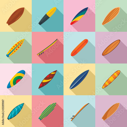 Surfboard surf board icons set. Flat illustration of 16 surfboard surf board vector icons for web