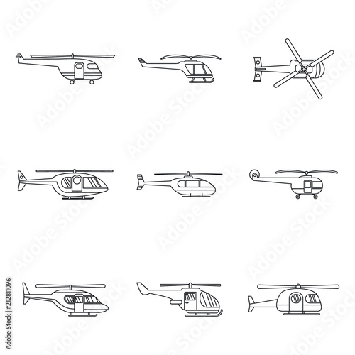 Helicopter military aircraft chopper icons set. Outline illustration of 9 helicopter military aircraft chopper vector icons for web