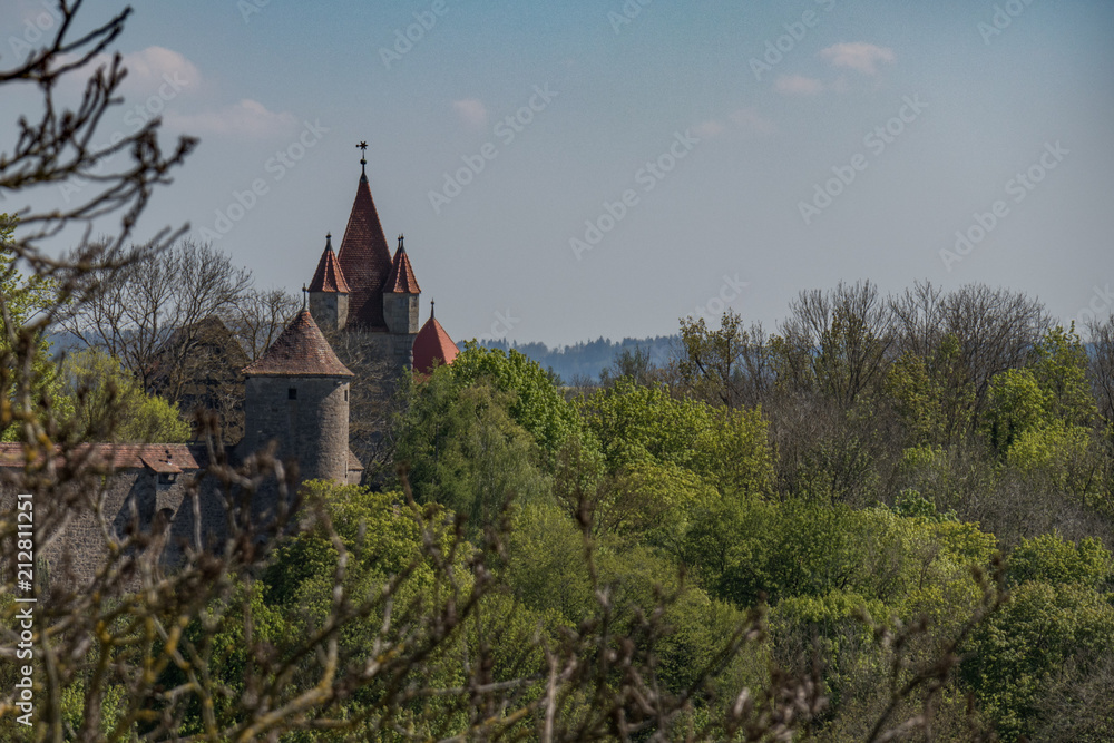 Medieval city wall and tower at historic Rothenburg ob der Tauber, Germany