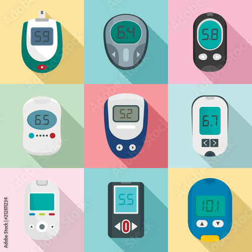 Glucose meter sugar blood test device icons set. Flat illustration of 9 glucose meter sugar blood test device vector icons for web