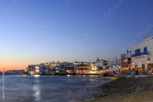 Little venice from beach in old town part of Mykonos, Greece during sunset © muratani