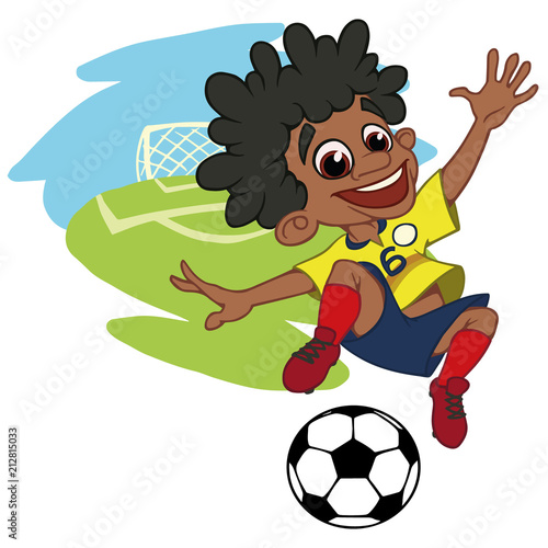 A cartoon soccer player is playing ball in a stadium in uniform Colombia. Vector illustration